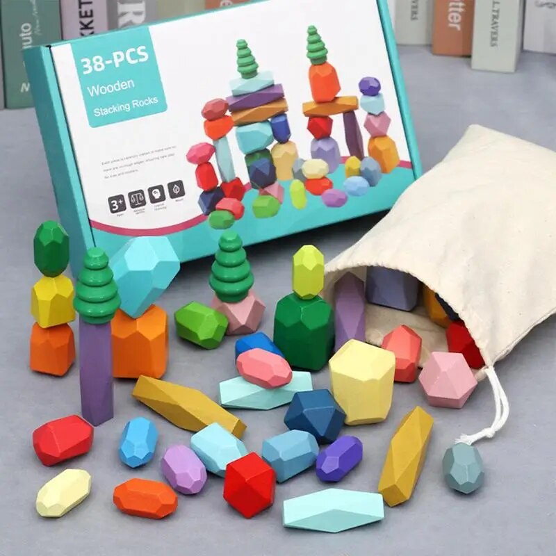 Pierres d’Équilibre en Bois Candy Colors™ - Jouet d’Éveil Montessori Pack Deluxe (38 pièces) Baby & Toddler