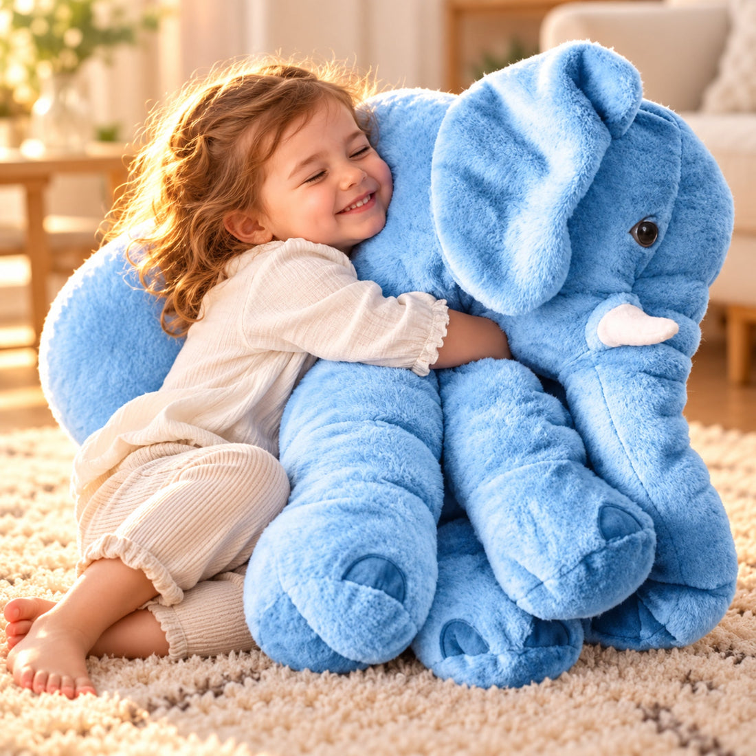 Petite fille qui fait un câlin à une peluche éléphant géante