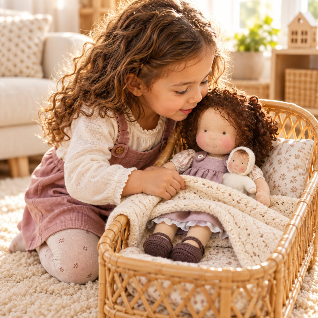Petite fille qui joue avec sa poupée en tissu
