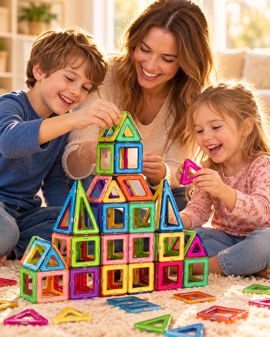 Famille qui construit avec des pièces magnétiques colorées