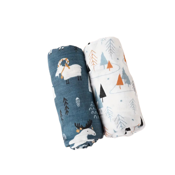 Lot de 2 Langes en Mousseline de Coton Ultra-Douce - Motif Montagnes Nordiques